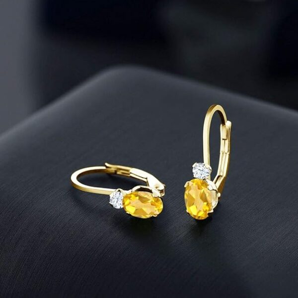 Gem Stone King 14K Yellow Gold Yellow Citrine and White Created Sapphire Leverback Earrings For Women