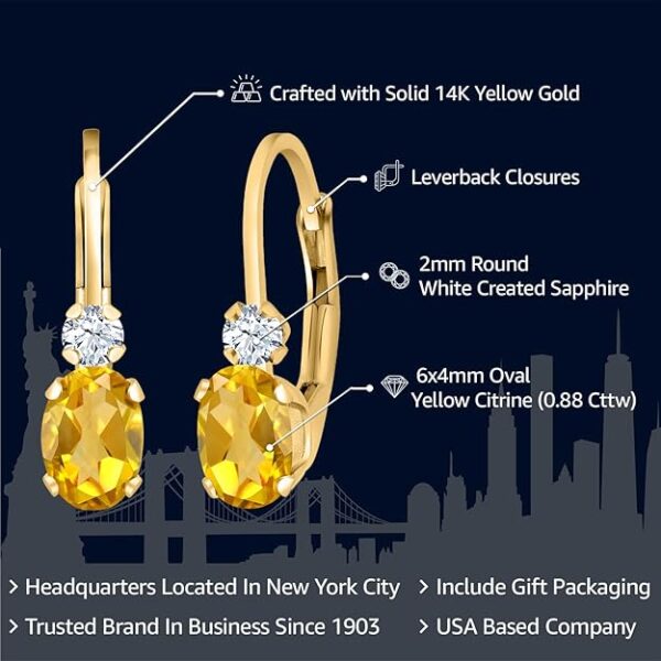 Gem Stone King 14K Yellow Gold Yellow Citrine and White Created Sapphire Leverback Earrings For Women