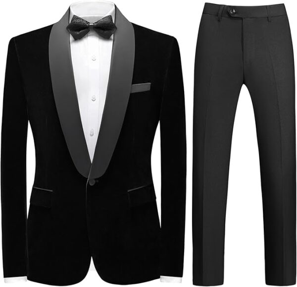Mens Velvet Suits Slim Fit 2 Piece Tuxedo Suit for Men Jacket & Pants Set for Wedding
