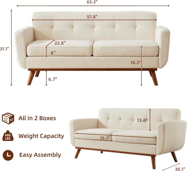 Kingfun 65.3" W Loveseat Sofa, Mid Century Modern Decor Love Seat Couches for Living Room