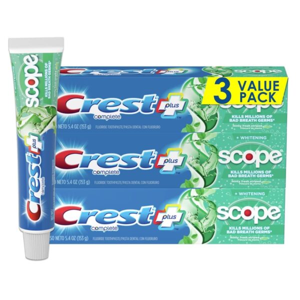 Crest + Scope Whitening Toothpaste - Pack of 3, 5.4 Oz Tubes - Anticavity Fluoride Toothpaste Minty Fresh Flavor