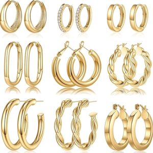 Yesteel 9 Pairs Gold Hoop Earrings