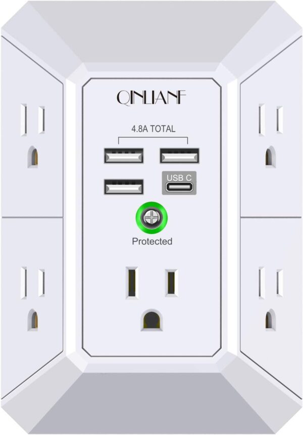 Wall Charger, Surge Protector, QINLIANF 5 Outlet Extender with 4 USB Charging Ports (4.8A Total) 3-Sided