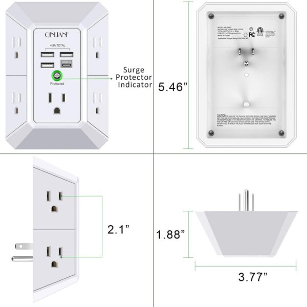 Wall Charger, Surge Protector, QINLIANF 5 Outlet Extender with 4 USB Charging Ports (4.8A Total) 3-Sided