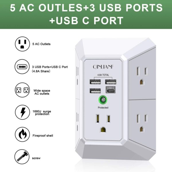 Wall Charger, Surge Protector, QINLIANF 5 Outlet Extender with 4 USB Charging Ports (4.8A Total) 3-Sided