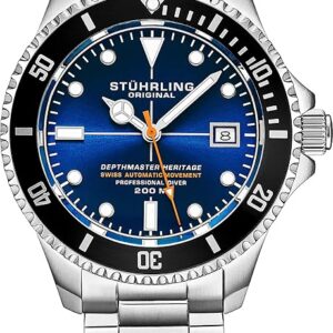 Stuhrling Original Mens Swiss Automatic Stainless Steel Professional DEPTHMASTER Dive Watch, 200 Meters Water Resistant