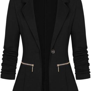 Genhoo Women's Long Sleeve Blazer Open Front Cardigan Jacket Work Office Blazer with Zipper Pockets S-3XL