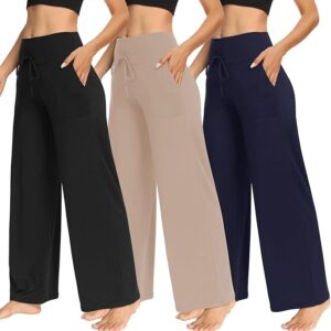 TNNZEET 3 Pack Women's Wide Leg Pants with Pockets - Casual Loose Yoga Trouser